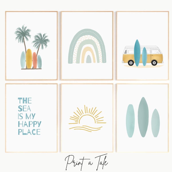 Planche de surf Wall Art, Surf Wall Art, Surf Nursery Decor, Ocean Nursery Decor, Ocean Theme Nursery, Sun Palm Trees and Surfboards, Set of 6