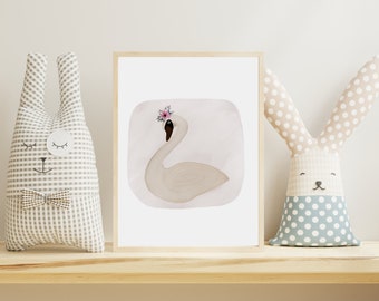Swan Print, Swan Nursery Art, Swan Poster, Swan Wall Art, Floral Swan, Watercolor Swan, Neutral Nursery Wall Art, Kids Room Decor