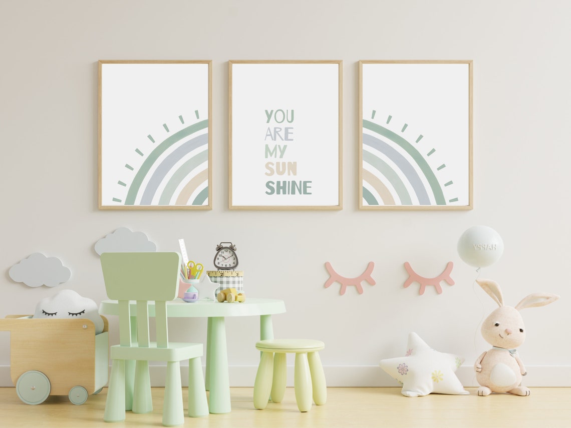 Green Rainbow Nursery Wall Art, You Are My Sunshine, Modern Boho ...