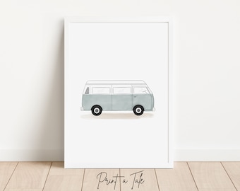 Retro Van Print, Blue Van, Vintage Camper, Camper Printable, Modern Boho Nursery Decor, Classic Car Art, Beach Nursery Decor, Boy Room Decor