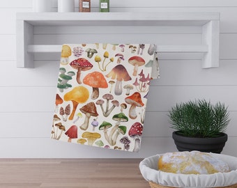 Watercolor Mushroom Cotton Twill Kitchen Tea Towel, Mushroom Kitchen Decor, Botanical Home Decor, Mushroom Hand Towel, Colorful Mushrooms