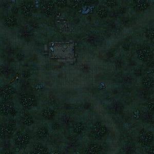 May include: An aerial view of a small wooden cabin in a dark green forest. The cabin has a roof and a few windows. The forest is dense and overgrown with trees and bushes.