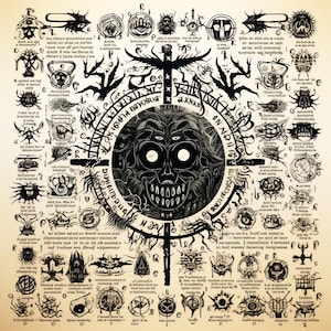 Puede incluir: Ilustración detallada en blanco y negro con una cara demoníaca central con múltiples ojos y una amplia sonrisa, rodeada de varios símbolos y texto. La obra de arte tiene un tema oculto vintage.