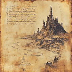 May include: A black and white ink drawing of a large, detailed castle on a hilltop. The castle has many towers and is surrounded by a moat. The drawing is on a piece of old, yellowed paper.