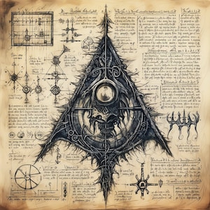 May include: A black and white illustration of a mystical symbol with intricate details. The symbol is surrounded by handwritten text and diagrams on a parchment background.