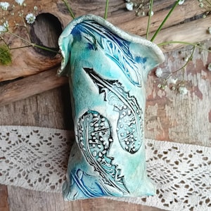 handmade ceramic pottery vase sack pot- turquoise  green feather design