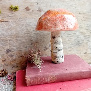 May include: A decorative mushroom figurine with a speckled orange and white cap and a birch-like stem. The mushroom sits atop a vintage book with a red cover. Dried flowers and a pinecone are nearby.