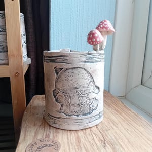 toadstool folk art handmade plant pot ceramic pottery stoneware, added mushrooms, fly agaric