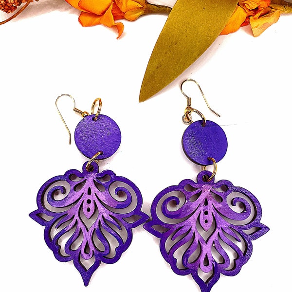 Purple Earrings,Summer,Fall Handpainted Wooden,Rich Violet dangles, Lightweight Gift for her,Elevate your look with colorful unique jewelry!