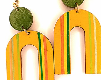 Wooden Earrings Handpainted .Statement Jewelry.Mustard striped arch shape. Lightweight pop of color.