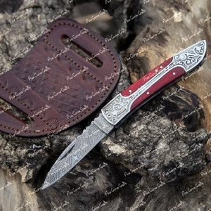 Damascus Steel Folding Knife: Engraved Handle, Viking Survival Knife