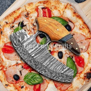 Pizzamesser aus Damaststahl, Pizzaschneider, handgeschmiedetes Messer, Ullu-Messer, Küchenmesser, Pizzamesser für den Heimgebrauch, Mehrzweckmesser Bild 3