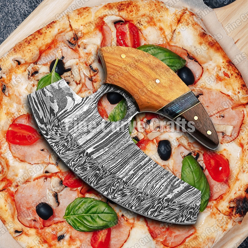 Pizzamesser aus Damaststahl, Pizzaschneider, handgeschmiedetes Messer, Ullu-Messer, Küchenmesser, Pizzamesser für den Heimgebrauch, Mehrzweckmesser Bild 3