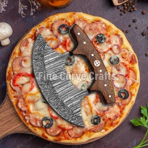 Pizzamesser aus Damaststahl, Pizzaschneider, handgeschmiedetes Messer, Ullu-Messer, Küchenmesser, Pizzamesser für den Heimgebrauch, Mehrzweckmesser Bild 5