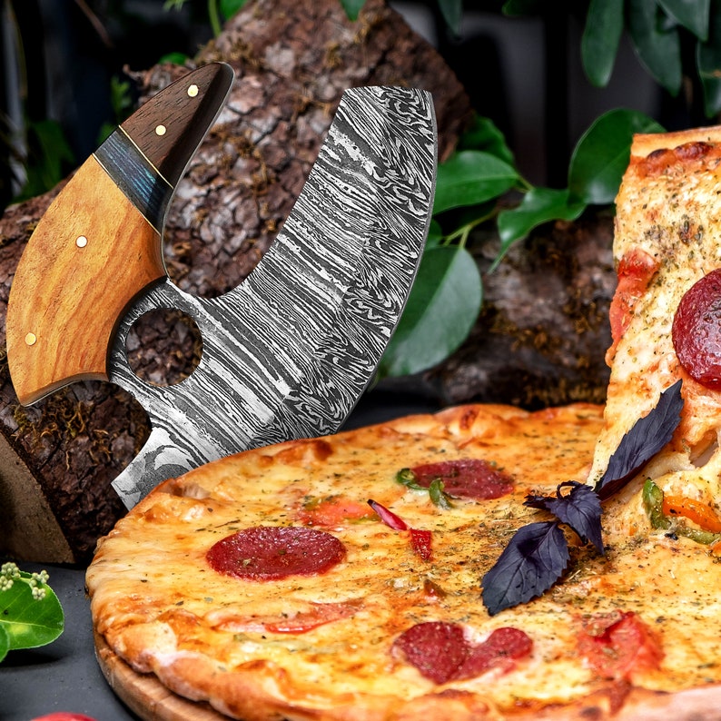 Pizzamesser aus Damaststahl, Pizzaschneider, handgeschmiedetes Messer, Ullu-Messer, Küchenmesser, Pizzamesser für den Heimgebrauch, Mehrzweckmesser Bild 2