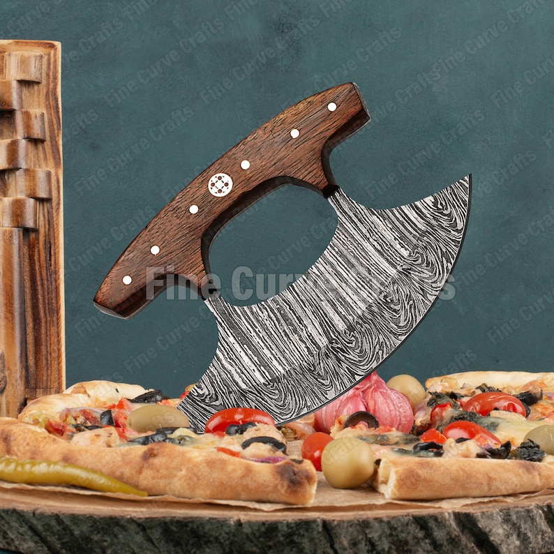 Pizzamesser aus Damaststahl, Pizzaschneider, handgeschmiedetes Messer, Ullu-Messer, Küchenmesser, Pizzamesser für den Heimgebrauch, Mehrzweckmesser Ullu Knife