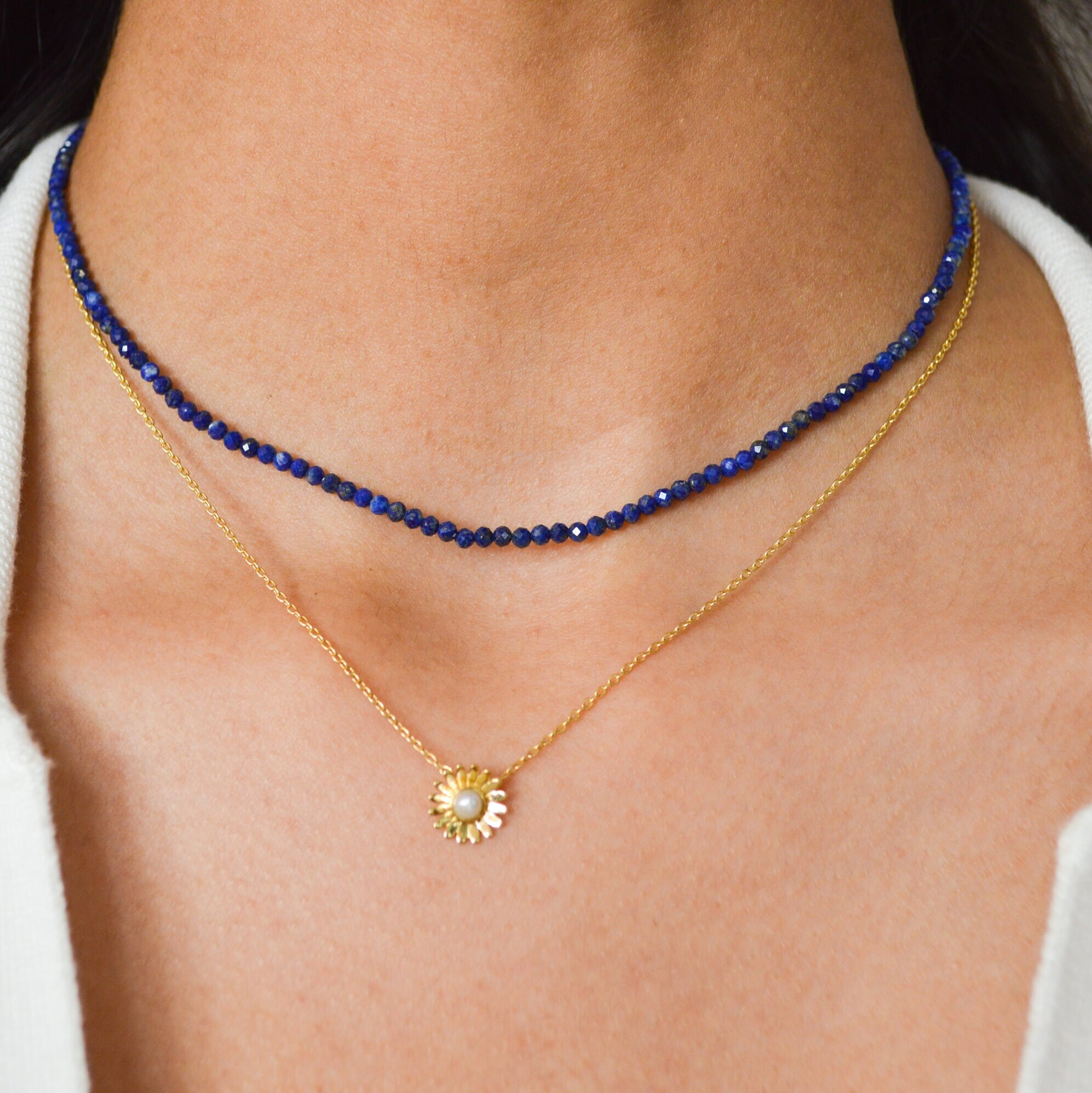 Collana Cristallo Lapislazzuli 3mm Piccole Perline Choker Guarigione
