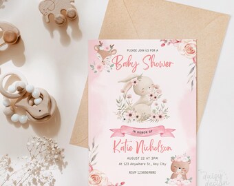 May include: Pink baby shower invitation with a watercolor illustration of a bunny holding flowers and a deer. The text reads "Please join us for a Baby Shower in honor of Katie Nicholson August 22 at 3PM at 123 Anywhere St., Any City RSVP 1234567890"