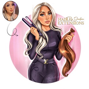 Logotipo de peluquería, logotipo de diseñador de cabello, logotipo de estilista de cabello, logotipo de extensión de cabello, logotipo de dibujos animados, retrato digital, logotipo de Avatar, logotipo de caricatura