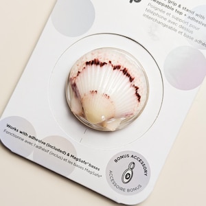 Può includere: Un supporto e impugnatura per telefono PopSocket PopTop con un design a conchiglia realistico con creste bianche e rosa e accenti marrone scuro. Il prodotto è montato su una confezione di vendita bianca con testo tra cui PopSocket, PopTop e accessorio bonus.