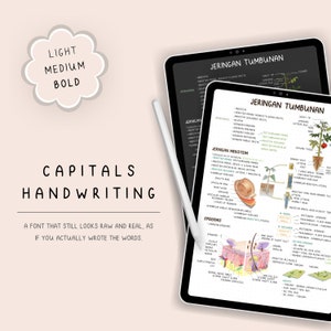 Könnte beinhalten: Zwei digitale Tablets mit botanischen Diagrammen mit handschriftlichen Notizen und Illustrationen. Ein weißer Stift liegt auf dem Bildschirm. Das Bild enthält auch den Text "CAPITALS HANDWRITING" und "A FONT THAT STILL LOOKS RAW AND REAL, AS IF YOU ACTUALLY WROTE THE WORDS."