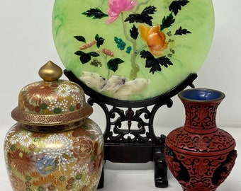 Chinese Japanese Vintage Reproduction Vase Jar & Screen (lot of 3) #MD974