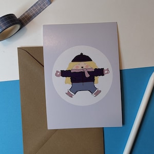 Postal A6 juegos infantiles, nieve, invierno, Navidad, ilustración