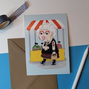 Carte postale A6  promenade punk marché de légumes illustration correspondance papeterie