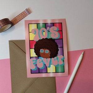 Postal A6 tema disco años 70, pista de baile, ilustración