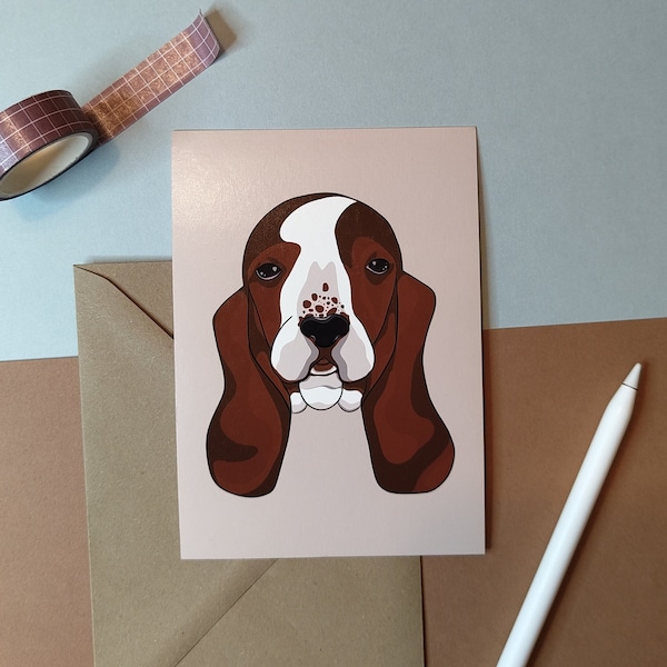Carte postale A6 portrait chien, basset, illustration