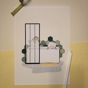 Ilustración A5 A4 A3 juegos infantiles, baño, hermanos