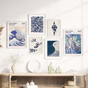 Hokusai Blue Wall Art Set of 6 Prints, Japanese Art Print, The Great Wave, Printable Wall Art, Japandi Modern Poster, Digital Download