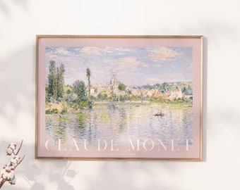 Monet Horizontal Poster, Pastel Pink Monet Poster, Monet Landscape, Classic Painting Poster, Exhibition Poster, Printable Wall Art