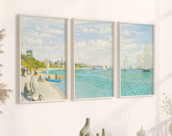 Monet Wall Art Set of 3, Vintage Beach Prints, Coastal Gallery Wall, Printable Wall Art, Seascape Poster, Monet Print Decor