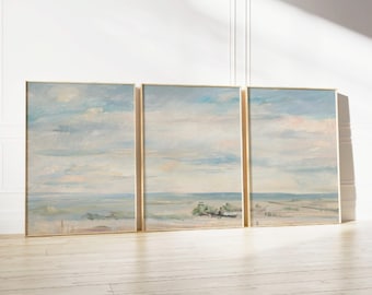 Vintage Coastal Wall Art Set of 3 | Neutral Beach Decor Digital Download | Ocean Landscape Painting Printable Wall Art