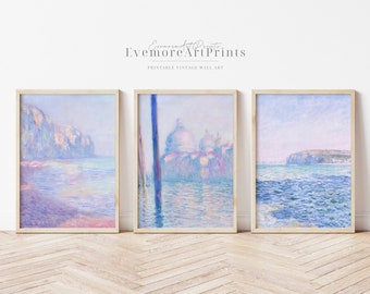 Set of 3 Monet Print Beach, Monet Gallery Wall Set, Coastal Minimalist Print Set, Seascape Gallery Wall Set, Printable Wall Art, Text Free