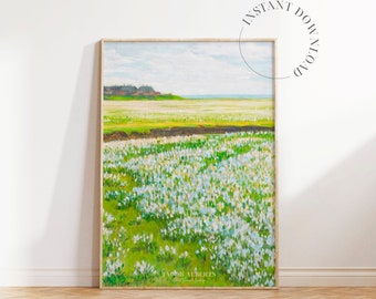 Vintage Sommer Blumenfeld druckbare Kunst, französische Landschaftsmalerei, Bauernhausdekor, Ölgemälde