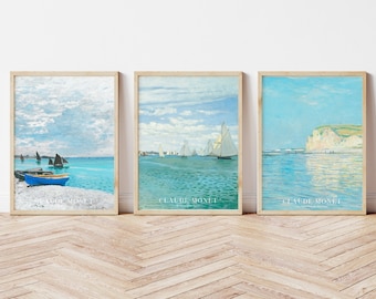 Set of 3 Monet Print Beach, Monet Gallery Wall Set, Coastal Minimalist Print Set, Seascape Gallery Wall Set, Printable Wall Art
