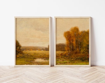 Vintage Fall Landscape Art Prints: Rustic Farmhouse Decor (Set of 2, Digital Download