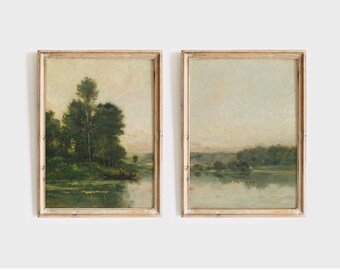 フランスの田舎の風景画ウォールアート2枚セット、ヴィンテージグリーンペインティング、ファームハウスリビングルームプリント、アンティーク装飾、コテージプリントアート