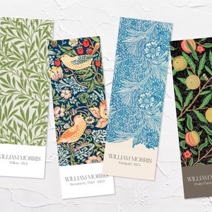 May include: Four bookmarks featuring different William Morris patterns. The bookmarks are printed on cardstock and have a white border. The patterns are: Willow, Strawberry Thief, Marigold, and Fruits Patterns.