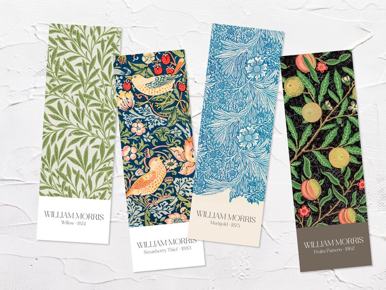 May include: Four bookmarks featuring different William Morris patterns. The bookmarks are printed on cardstock and have a white border. The patterns are: Willow, Strawberry Thief, Marigold, and Fruits Patterns.