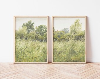 Vintage Green Landscape Print Set of 2, French Country Wall Art, Digital Download