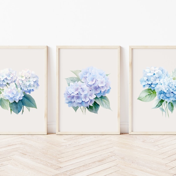 Hydrangea Print Set, Watercolor Blue Pink Flower Print, Botanical Print, Hydrangea Painting, Printable Hydrangea Wall Art, Set of 3 Prints