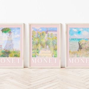 Set of 3 Monet Print, Monet Gallery Wall Set, Pastel Pink Art Print Gallery Set, Monet Poster, Exhibition Poster, Printable Wall Art