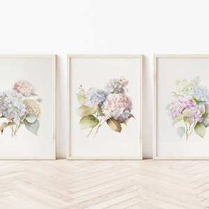 Hortensie Print Set, Aquarell blau rosa Blumendruck, botanischer Druck, Hortensie Malerei, Hortensie Wandkunst, 3er Set Drucke