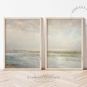 Set of 2 Vintage Coastal Beach Print | Soft Neutral Tones | Printable Wall Art Digital Download | Pastel Beach Decor | Landscape Painting