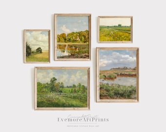 Set of 5 Vintage Wall Art  Landscape Painting, Farmhouse Wall Art, Printable Gallery Wall Set, Digital Download, French Country Decor