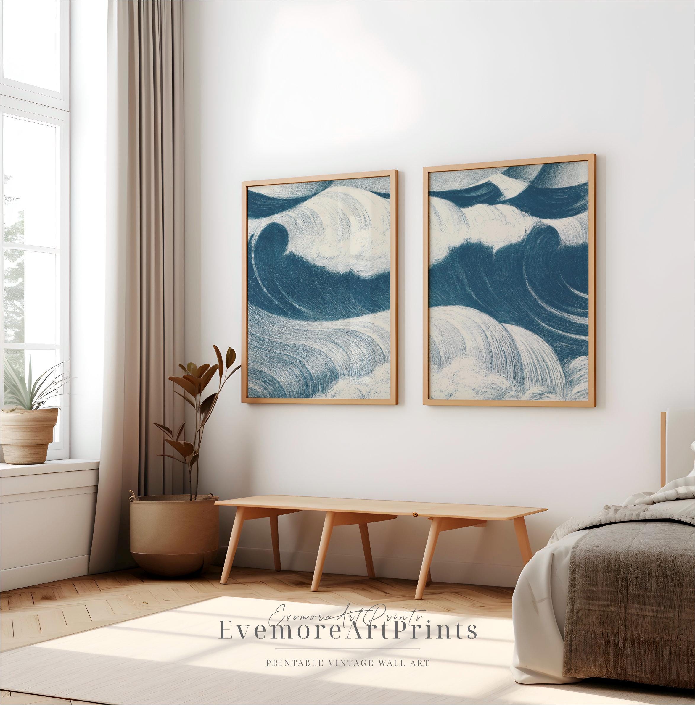 Set Of 2 Blue Wave Poster Ocean Wall Decor Coastal Wave Print 