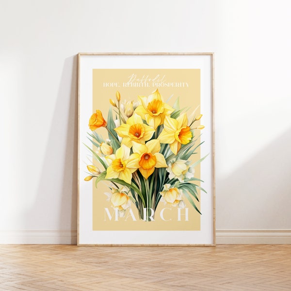 Birth Month Flower Print, March Birthday Gift, Daffodil Print, Watercolour Flower, Vintage Flower,Instant Download